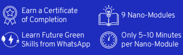 Earn a certificate of completion, 9 nano-modules, learn future green skills from WhatsApp, only 5-10 minutes per nano-module